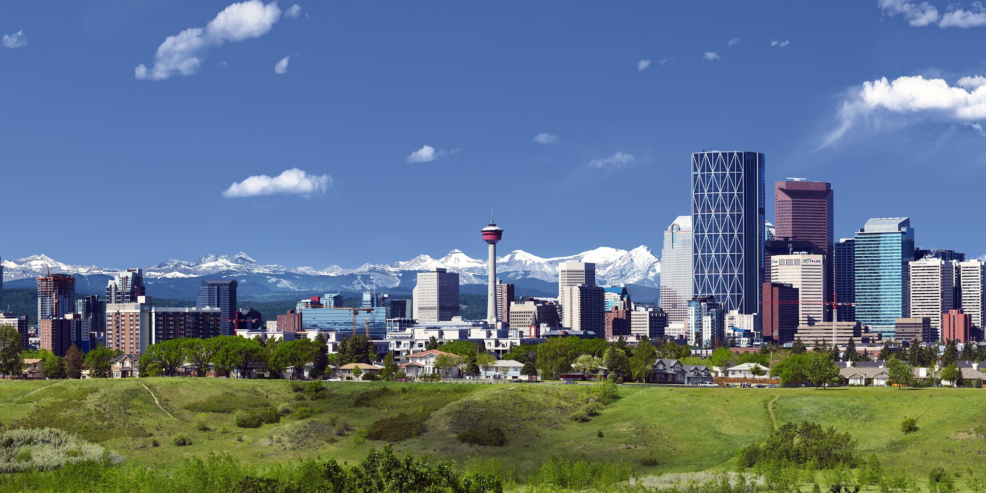 Downtown skyline with tall skyscrapers and a round-topped observation tower against a backdrop of snow-capped mountains and a blue sky; a green park in the foreground.